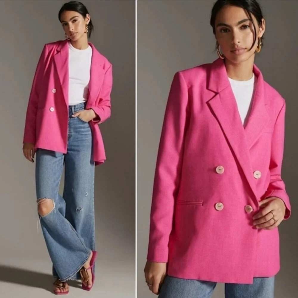 Maeve Anthropologie Blazer Womens 8 Fuchsia Hot Pink Double Breasted Oversized
